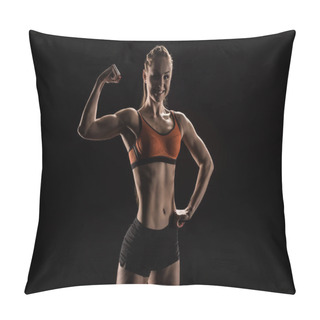 Personality  Young Smiling Sportswoman Flexing Biceps Pillow Covers