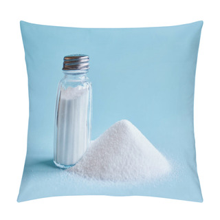 Personality  Close-up Photo Of Spilled Salt And Saltshaker On Blue Background Pillow Covers