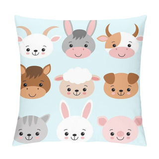 Personality Farm Animals Set In Flat Style Isolated On Blue Background. Vector Illustration. Cute Cartoon Animals Collection Sheep, Goat, Cow, Donkey, Horse, Pig, Cat, Dog Rabbit Kawaii Pillow Covers