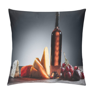 Personality  Bottle Of Red Wine, Different Types Of Cheeses And Grapes On Grey Pillow Covers