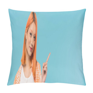 Personality  Demonstrating, Young Asian Woman With Dyed Red Hair Looking At Camera On Vibrant Blue Background, Orange Shirt, Pointing With Finger, Showing Something, Generation Z, Banner  Pillow Covers