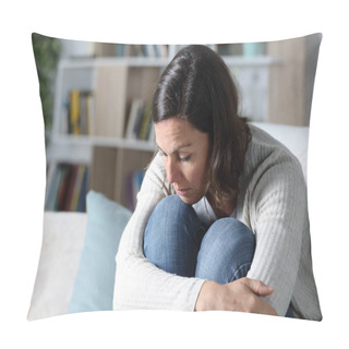 Personality  Pensive Sad Adult Woman Looking Down Sitting On The Sofa In The Living Room At Home Pillow Covers