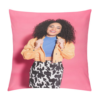 Personality  Happy African American Woman In Skirt With Animal Print Adjusting Jacket While Posing On Pink  Pillow Covers