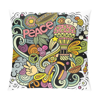 Personality  Hippie Vector Doodles Illustration. Hippy Design. Young People Elements And Objects Cartoon Background. Bright Colors Funny Picture. All Items Are Separated Pillow Covers