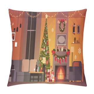 Personality  Living Room Decorated For Christmas And New Year With Fir Tree , Fireplace And Garlands Holidays Home Interior Pillow Covers