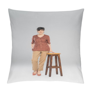 Personality  Autumn Fashion, Middle Aged Woman In Trendy Clothes Near High Stool On Grey, Full Length Pillow Covers
