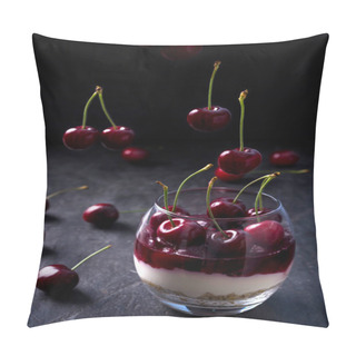 Personality  Layerd Cherry Cheesecake In A Glass. Dessert Made Of Bisquits, Ricotta, Cream, Cherry Jelly And Fresh Fruits. Dark Moody Photo. Pillow Covers
