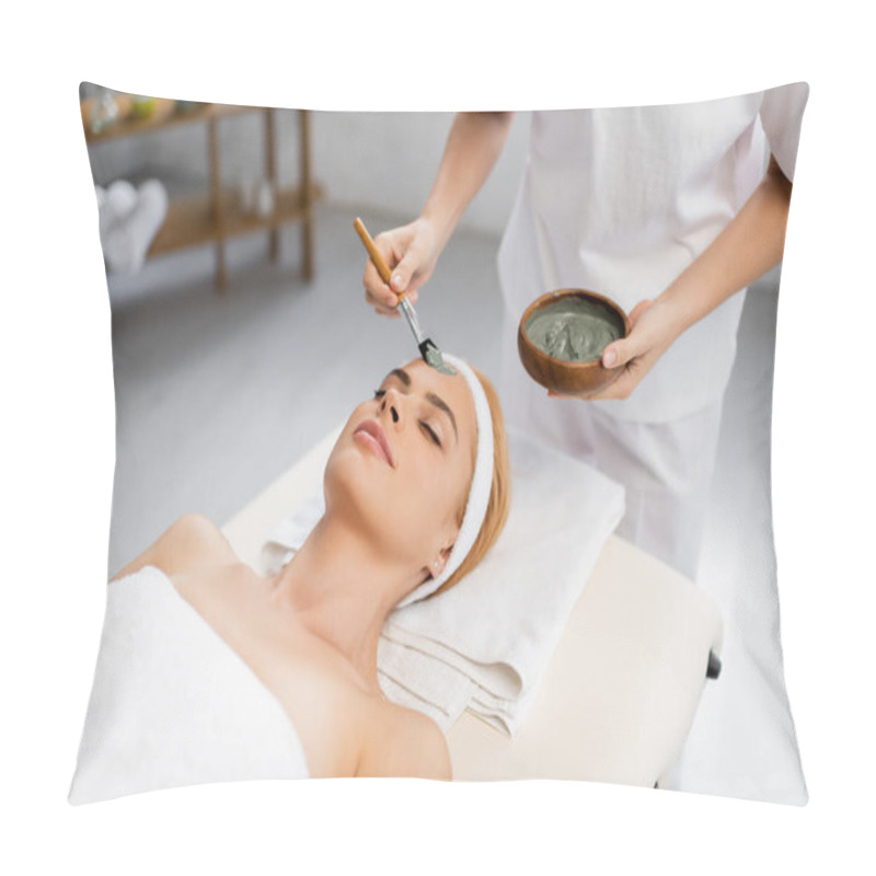 Personality  Beautician Applying Clay Mask On Face Of Woman Lying On Massage Table Pillow Covers