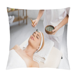Personality  Beautician Applying Clay Mask On Face Of Woman Lying On Massage Table Pillow Covers