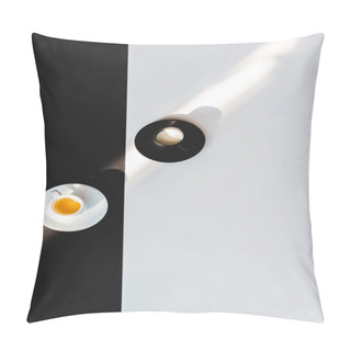 Personality  Top View Of Black And White Cups Of Milk And Coffee On Black And White Surface Pillow Covers