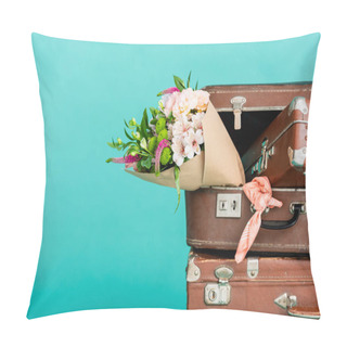 Personality  Bouquet Of Fresh Flowers And Vintage Suitcases Isolated On Turquoise Pillow Covers