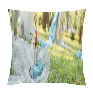 Personality  Cropped View Of Loving Diverse Couple Cleaning In Park. Pillow Covers