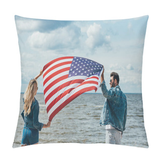 Personality  Blonde Woman And Man In Jacket Holding American Flag  Pillow Covers