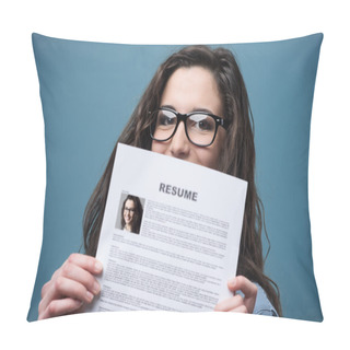 Personality  Young Woman Holding Her Resume Pillow Covers
