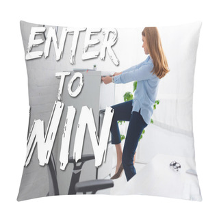 Personality  Side View Of Businesswoman Trying To Opening Cabinet Driver Near Table In Office, Enter To Win Illustration Pillow Covers