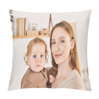 Personality  Happy Mother With Adorable Toddle Son In Hands Looking At Camera In Nursery Room At Home, Motherhood Pillow Covers