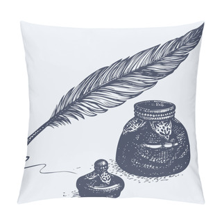 Personality  Vector Freehand Drawing Of Ancient Pen And Inkwell Pillow Covers