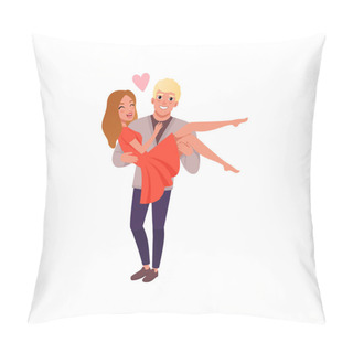 Personality  Young Man Carrying Woman On Hands, Happy Romantic Loving Couple On Date Cartoon Vector Illustration Pillow Covers