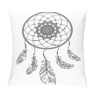 Personality  Hand Drawn Dreamcatcher With Feathers, Page For Adult Coloring Book, Ethnic Isolated Design Element Vector Pillow Covers