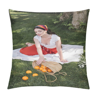 Personality  Young Fashionable Woman Looking At Oranges In Bag Near Flowers In Park  Pillow Covers