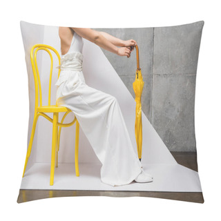 Personality  Cropped View Of Woman Sitting On Yellow Chair And Holding Umbrella On White And Grey  Pillow Covers