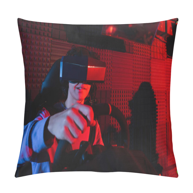 Personality  Concentrated Guy In Vr Headset Racing On Car Simulator Pillow Covers