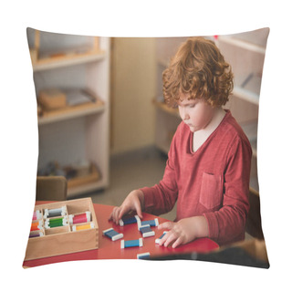 Personality  Curly Boy Sorting Colorful Cards Near Girl In Montessori School Pillow Covers