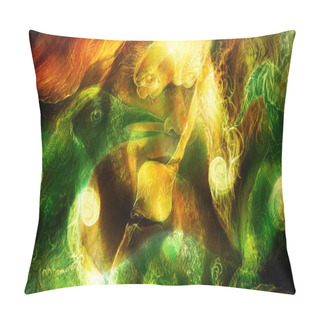 Personality  Radiant Elven Fairy Woman Creature And Energy Lights, And Bird Phoenix  Collage. Pillow Covers