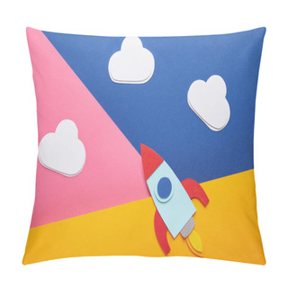 Personality  Top View Of Clouds And Colorful Rocket On Creative Paper Background Pillow Covers