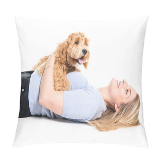 Personality  Woman With His Golden Labradoodle Dog Isolated On White Background Pillow Covers