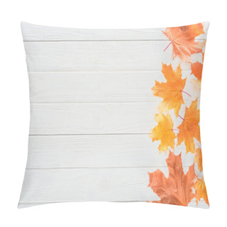 Personality  Top View Of Autumnal Maple Leaves On One Side Of Wooden Surface Pillow Covers