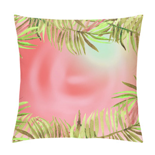 Personality  Handpainted Green Tropical Banana Leaves, Watercolor Tropical, Wedding Card, Sale Mock Up. Monstera, Banana Leaf, Palm Leaf On A Pink Background Pillow Covers