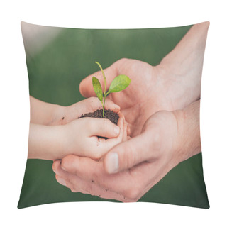 Personality  Cropped View Of Man Holding Child Hands With Young Plant On Blurred Background, Earth Day Concept Pillow Covers
