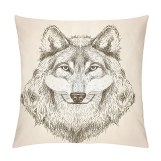 Personality  Vector Sketch Illustration Of A Wolf Head Front View. Pillow Covers
