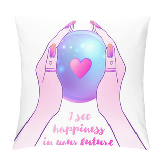 Personality  Female Hand Holding Magic Crystal Ball Isolated On White. Creepy Cute Vector Illustration. Gothic Design, Mystic Magician Symbol, Pastel Colors. Future Telling Pillow Covers
