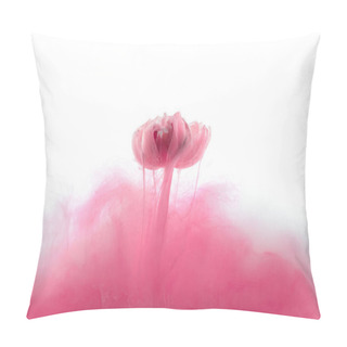 Personality  Close Up View Of Pink Flower And Ink Splash Isolated On White Pillow Covers