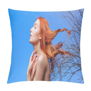 Personality  Redhead Girl With Hair In Dry Twigs Concept Of Bad Hair. Banner  Pillow Covers