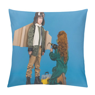 Personality  Kids In Pilot Costumes With Toy Screwdriver Playing Together Isolated On Blue Pillow Covers