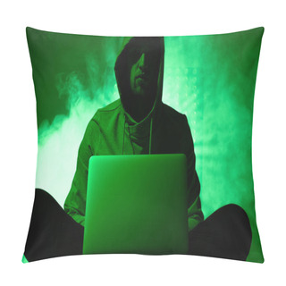 Personality  Toned Picture Of Hacker In Hoodie With Laptop Pillow Covers
