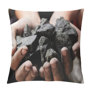 Personality  Coal Miner In The Man Hands Of Coal Background. Coal Mining Or Energy Source, Environment Protection. Industrial Coals. Volcanic Rock. Pillow Covers