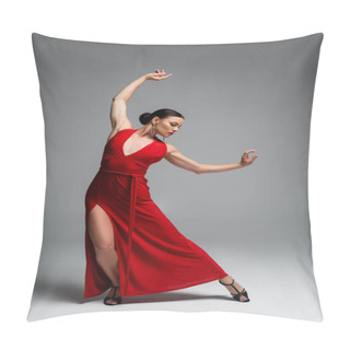 Personality  Woman In Red Dress And Heels Dancing On Grey Background Pillow Covers