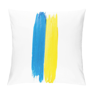 Personality  Top View Of Abstract Colorful Blue And Yellow Paint Brushstrokes On White Background, Panoramic Shot Pillow Covers
