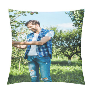 Personality  Handsome Farmer Checking Ripe Apple On Tree In Garden Pillow Covers