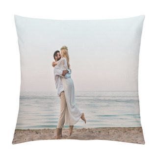Personality  Bride In White Dress And Groom Cuddling On Beach Pillow Covers