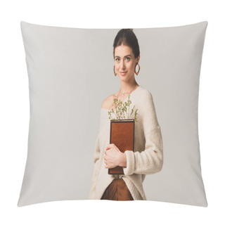 Personality Pleased Young Woman Holding Book With Wildflowers Isolated On Grey Pillow Covers