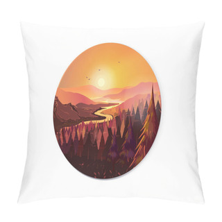 Personality  Sunrise In Beautiful Mountains With River And Forest. Vector Illustration For Your Design Pillow Covers