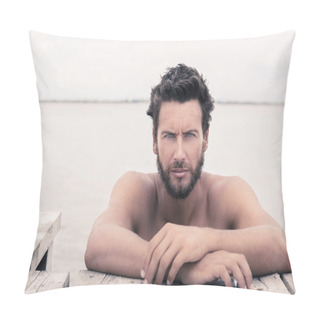 Personality  Confident Gorgeous Handsome Man With No Shirt At The Sea  Pillow Covers