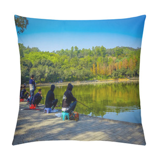 Personality  SHENZEN, CHINA - 29 JANUARY, 2017: Inside Lian Hua Shan Park, Large Recreational Area, People Sitting While Fishing In Water Lake Sorrounded By Trees, Beautiful Blue Sky, Pillow Covers