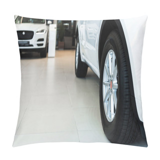 Personality  Selective Focus Of White Shiny Cars In Car Showroom  Pillow Covers