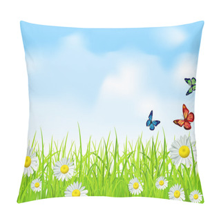 Personality  Vector Green Grass And Blue Sky With Daisies And Butterflies Pillow Covers